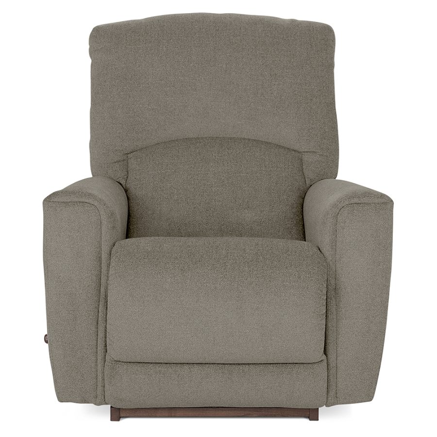 Gray upholstered recliner chair with padded arms and high back, sits on a wooden base