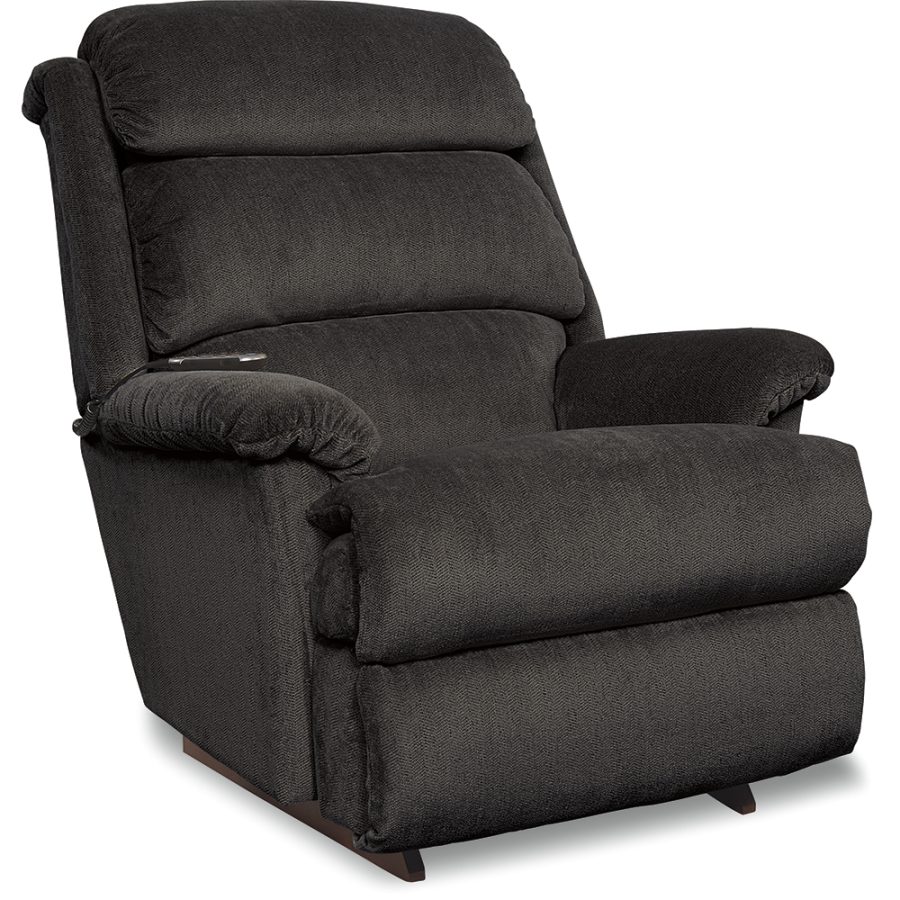 Dark gray upholstered recliner chair with plush cushions and a remote resting on the left armrest