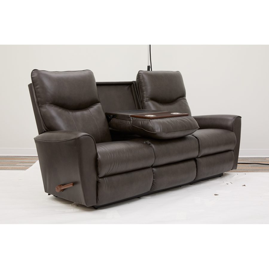 Dark brown leather reclining loveseat with a center console and built-in cup holders