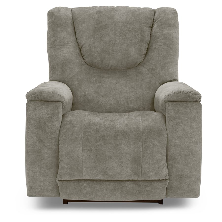 Gray upholstered recliner chair with plush cushions and wide armrests, facing forward.