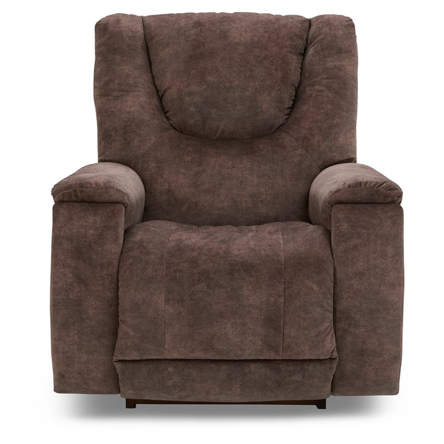Front view of a brown upholstered recliner chair with cushioned back and arms, placed on white background.