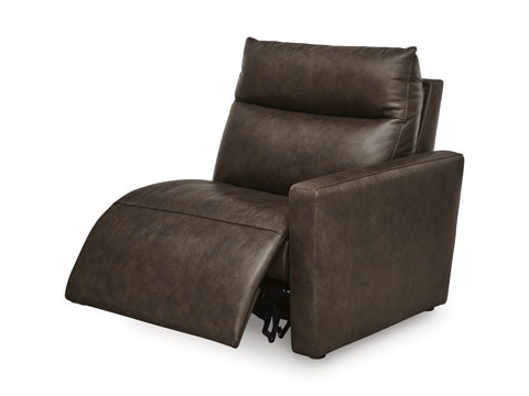 Brown leather recliner chair with footrest extended and cushioned backrest.",