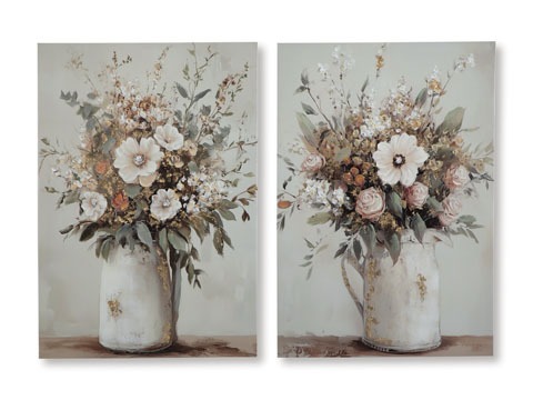 Pair of floral still life paintings side by side in white jugs, each bouquet with white and pink flowers and greenery.