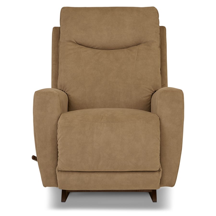 Tan upholstered recliner chair with padded back and arms, on wooden legs