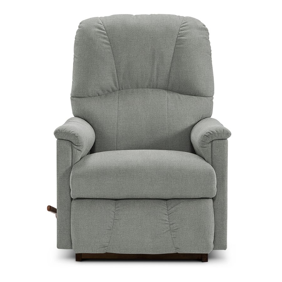 Grey fabric recliner chair with cushioned back and arms on a white background.