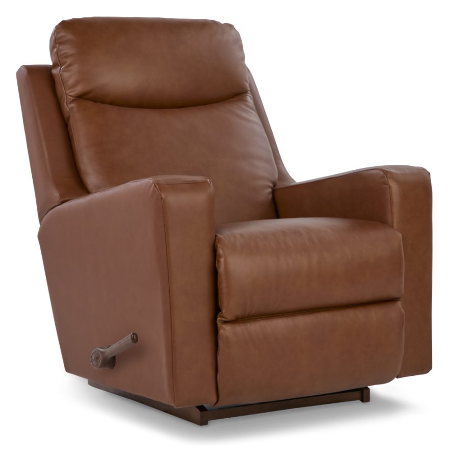 Brown recliner chair with plush backrest and padded armrests, shown from a side angle